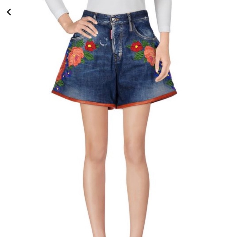 DSQUARED2 Floral Embroidered Leather Jean Shorts